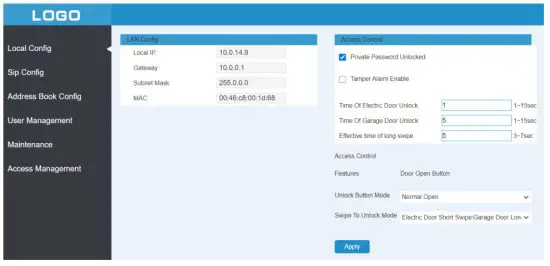 NOVUS NVE-EP200 Video intercom Entrance - local Configuration Page