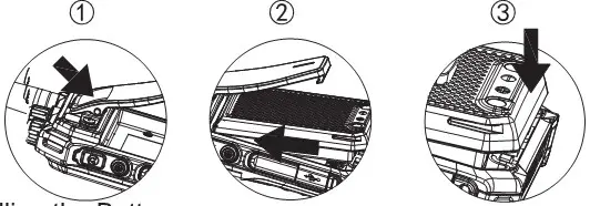Kirisun T450 PoC Radio - Installing the Battery Fig. 1, 2, 3