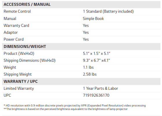 Lg Ph30n Portable Cinebeam Projector Specifications Manual