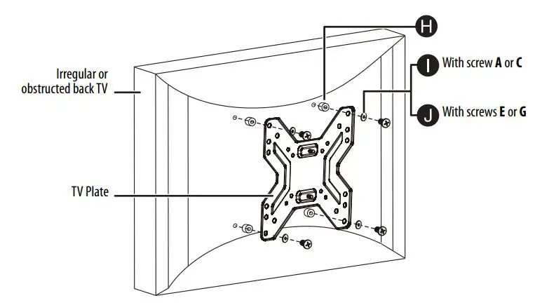BEST BUY essentials BE-MSFM Full Motion Wall Mount for 19–50″ TVs User Guide - Attaching the TV plate to TVs with irregular or obstructed backs