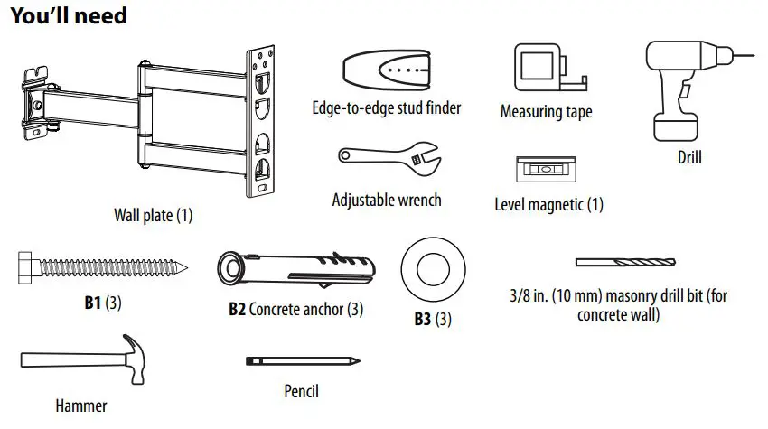 BEST BUY essentials BE-MSFM Full Motion Wall Mount for 19–50″ TVs User Guide - Install on a solid concrete or concrete block wall