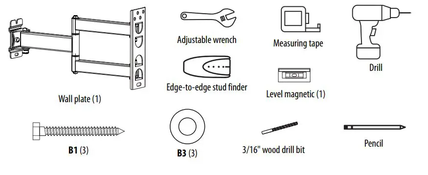 BEST BUY essentials BE-MSFM Full Motion Wall Mount for 19–50″ TVs User Guide - Install on a wood stud wall