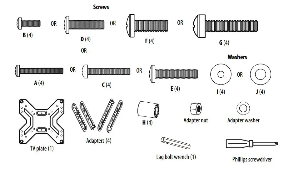 BEST BUY essentials BE-MSFM Full Motion Wall Mount for 19–50″ TVs User Guide - Installing the TV plate You'll need screw