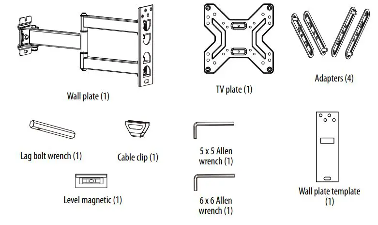 BEST BUY essentials BE-MSFM Full Motion Wall Mount for 19–50″ TVs User Guide - Package contents