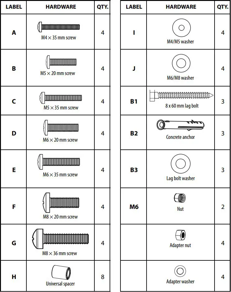BEST BUY essentials BE-MSFM Full Motion Wall Mount for 19–50″ TVs User Guide - TV Hardware Bag