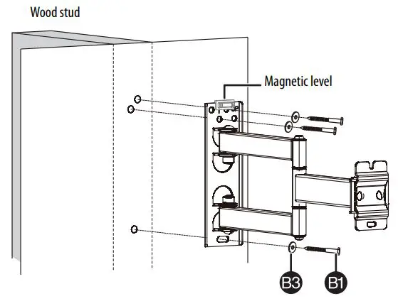 BEST BUY essentials BE-MSFM Full Motion Wall Mount for 19–50″ TVs User Guide - Tighten the lag bolts only until they are firm against the wall plate