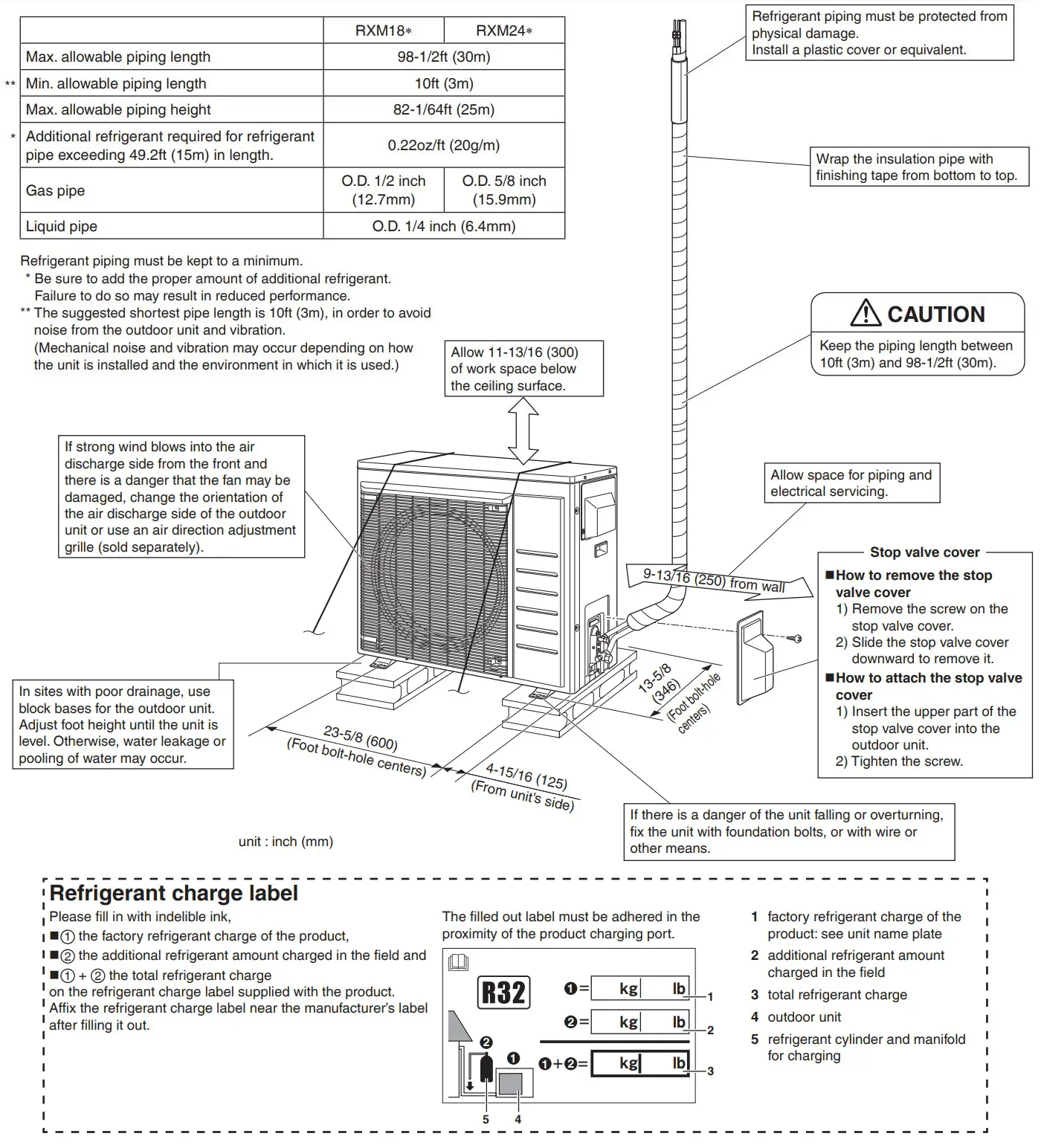 DAIKIN RXM18VVJU R32 Split Series Room Air Conditioner Instruction Manual - Outdoor Unit Installation Diagram