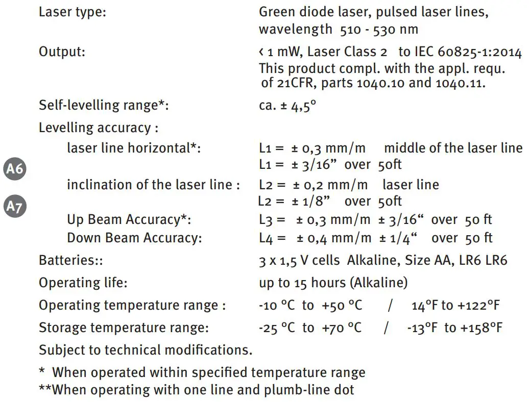 STABILA Laser LAX 300 G Cross Line Laser Level Instruction Manual - Technical data
