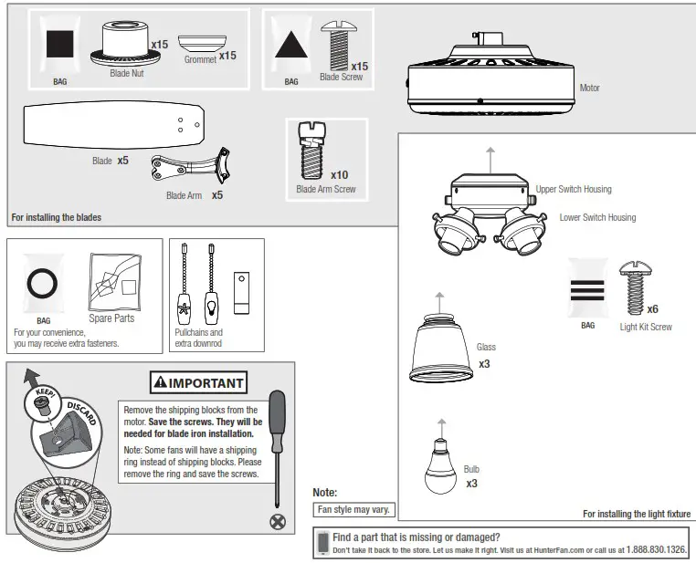 Hunter 51698 Sencillo 44 in Noble Bronze LED Indoor Ceiling Fan - Here is what comes in your box 2