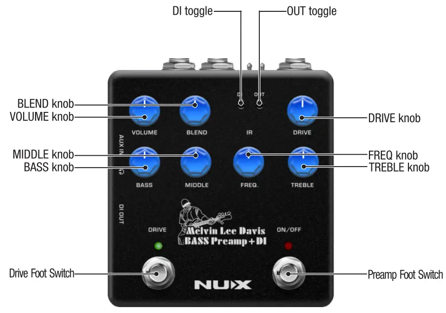 NUX NBP 5 Melvin Lee Davis Bass Preamp DI Pedal - Panel