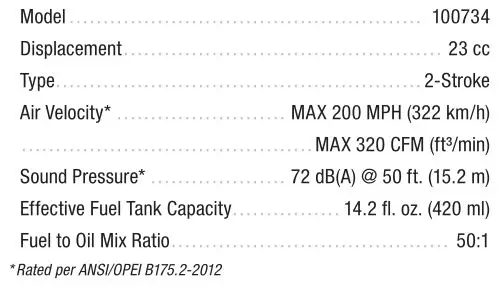 CHAMPION 100734 Leaf Blower - Handheld Blower Specifications