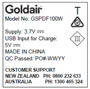 Goldair GSPDF100W 15cm Rechargeable Desk Fan - warning