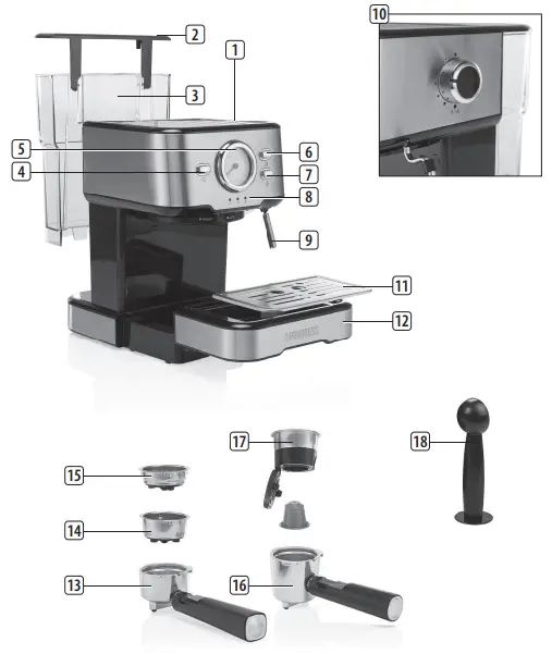 PRINCESS 01.249412.01.001 Espresso Machine - PARTS DESCRIPTION