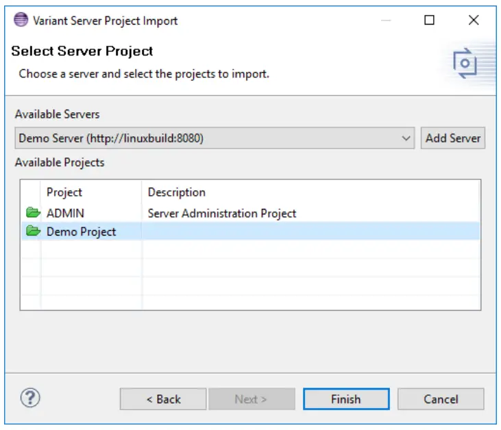 Variant Server Project Dialog