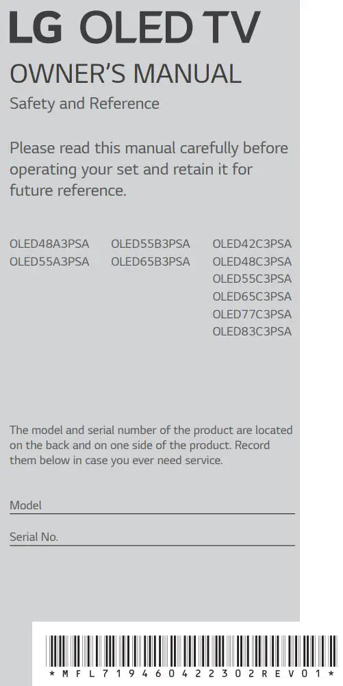 LG OLED65B3PSA Series OLED Smart TV Owner's Manual