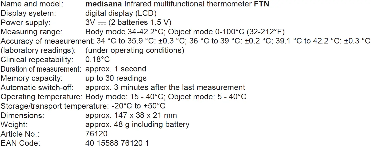 Medisana Thermometer Multi Functional Thermometer FTN Technical specifications