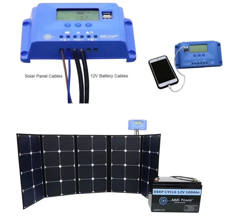 AIMS POWER PV60CASE Portable Foldable Solar Panel Instructions - Example of the portable, foldable solar panel connected to a charge controller and battery