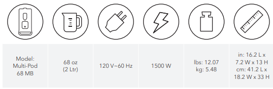 Instant POD Multi-Pod Single Brew Coffee and Espresso MakeProduct specificationsr