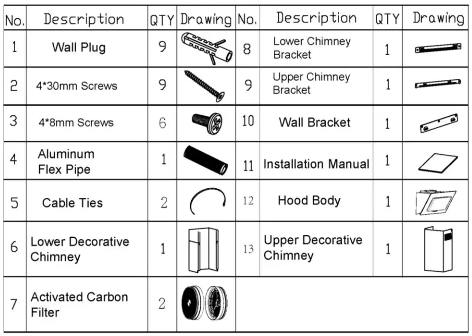 CIARRA CBCB6736H Inclined Extractor Hood 60 cm - Components