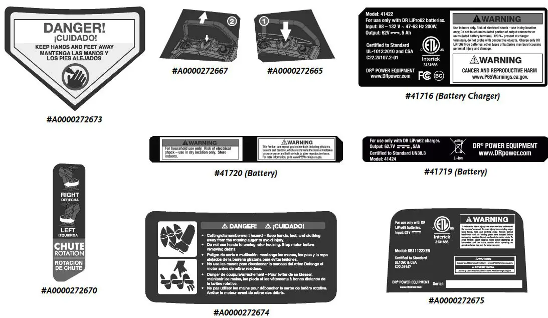 DR 62V Snow Blower- Labels