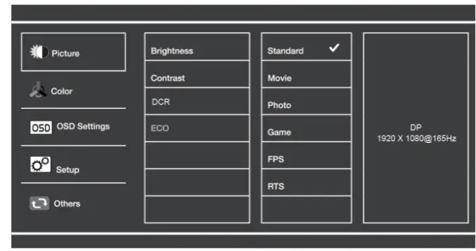 kogan KAMN24FXSA 24 Full HD 165Hz -OSD menu