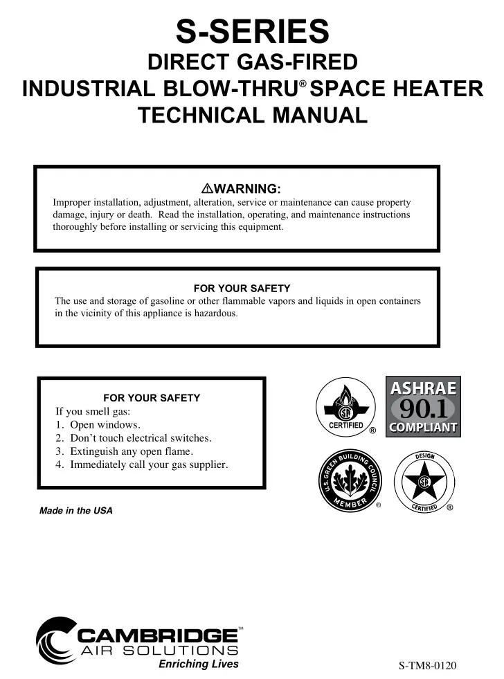 Cambridge S Series Direct Gas-fired Industrial Blow-Thru Space Heater S-TM8-0120 User Manual