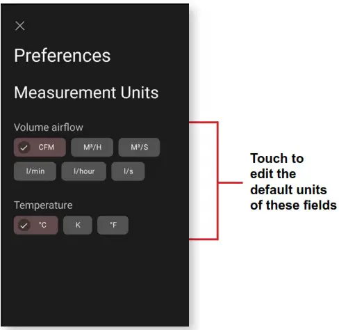 Dwyer SAH Series SMART Air Hood Balancing Instrument SMART Air Hood App Software - APPLICATION PREFERENCES 2