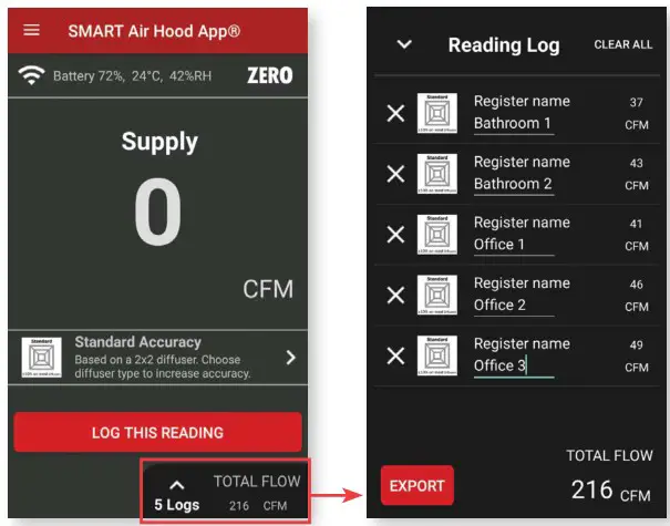 Dwyer SAH Series SMART Air Hood Balancing Instrument SMART Air Hood App Software - LOGGING 2