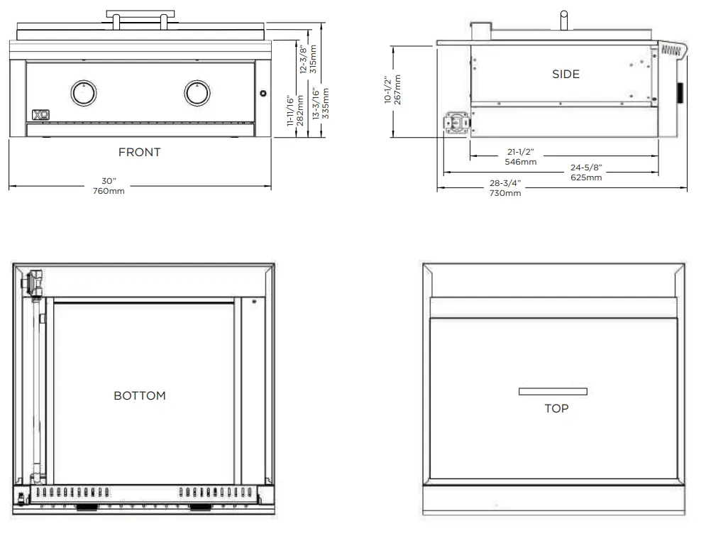 XOGRIDDLE30 30 Inch Built In Griddle - dimensions