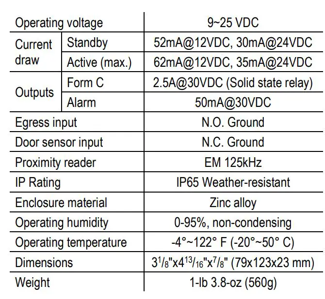 ENFORCER Bluetooth Single-Gang Keypad with Reader SK-B141-PQ User Manual - Specifications