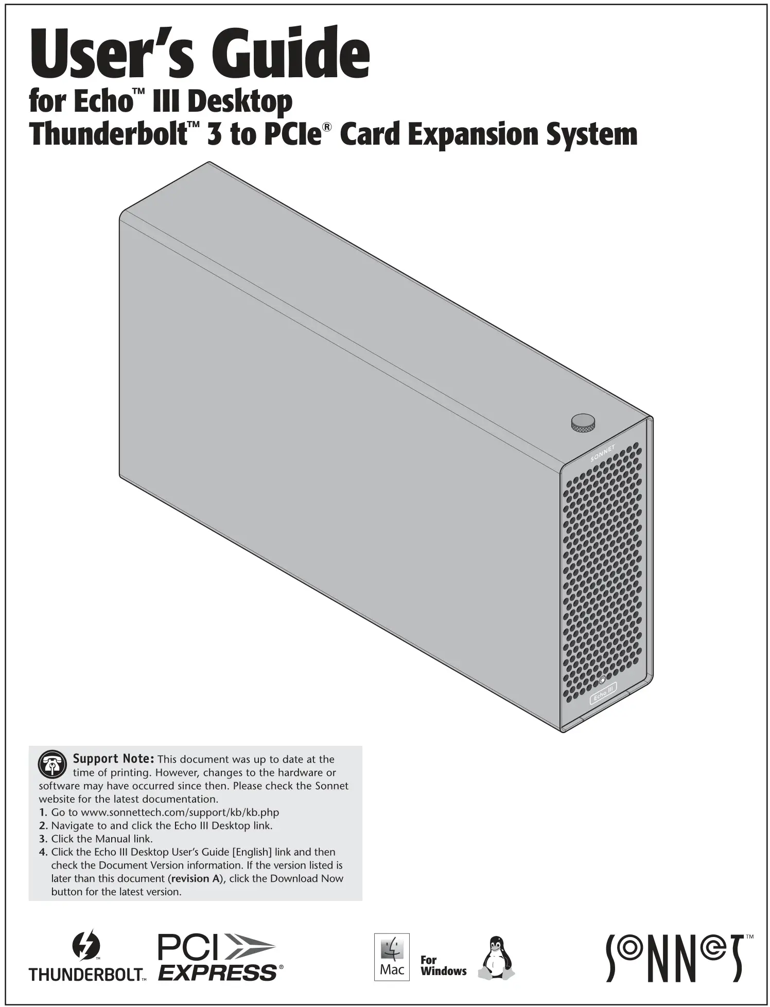 SONNET ECHO-3D-TB3 Echo III Desktop Thunderbolt 3 to PCIe Card Expansion System User Guide
