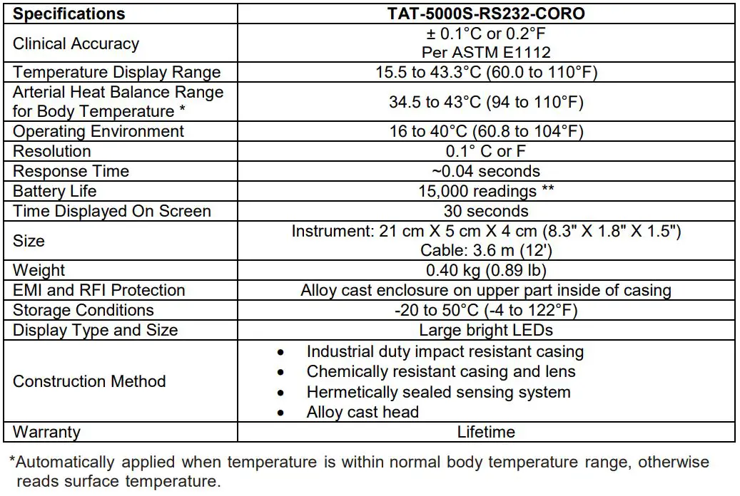 EXERGEN TAT-5000S-RS232-CORO Temporal Scanner User Manual - Specifications