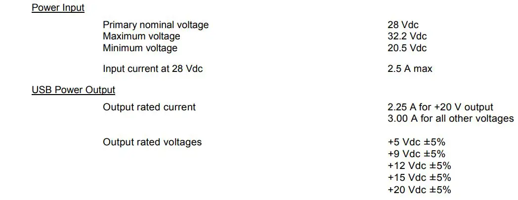 JUPITER AVIONICS UJAC2-001 Panel Mount USB-C Charger User Manual - Electrical Specifications