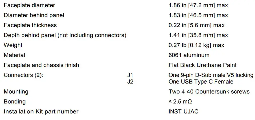 JUPITER AVIONICS UJAC2-001 Panel Mount USB-C Charger User Manual - Mechanical Specifications
