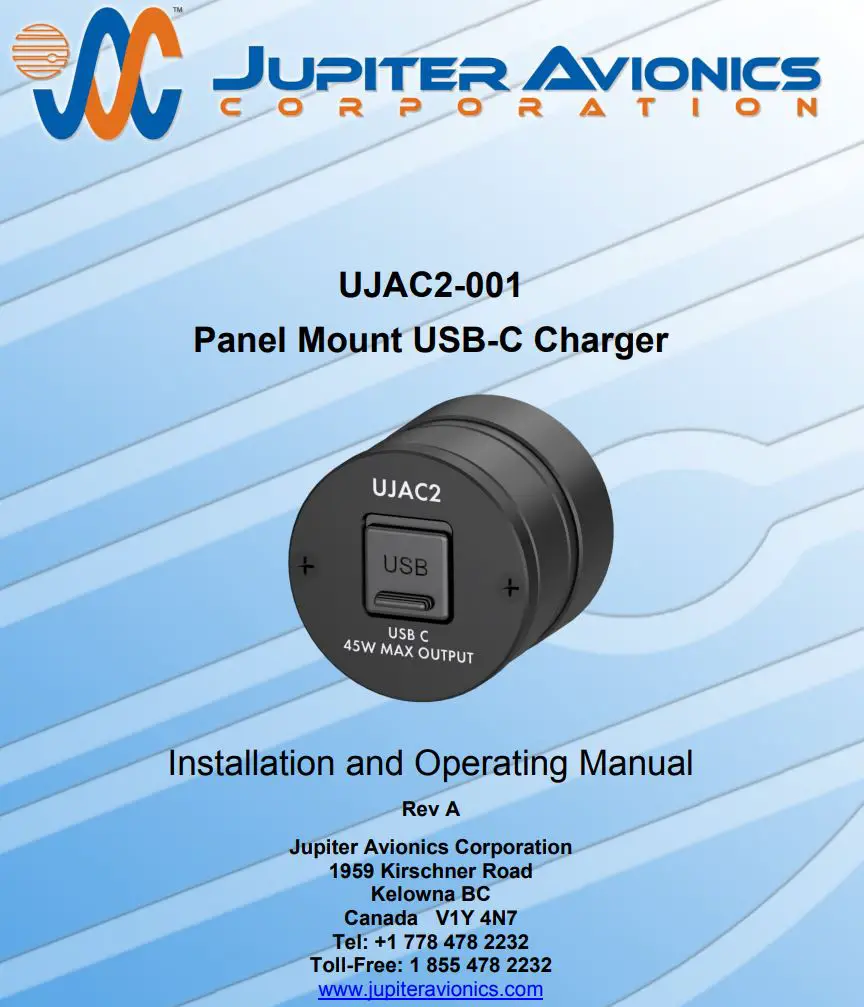 JUPITER AVIONICS UJAC2-001 Panel Mount USB-C Charger User Manual