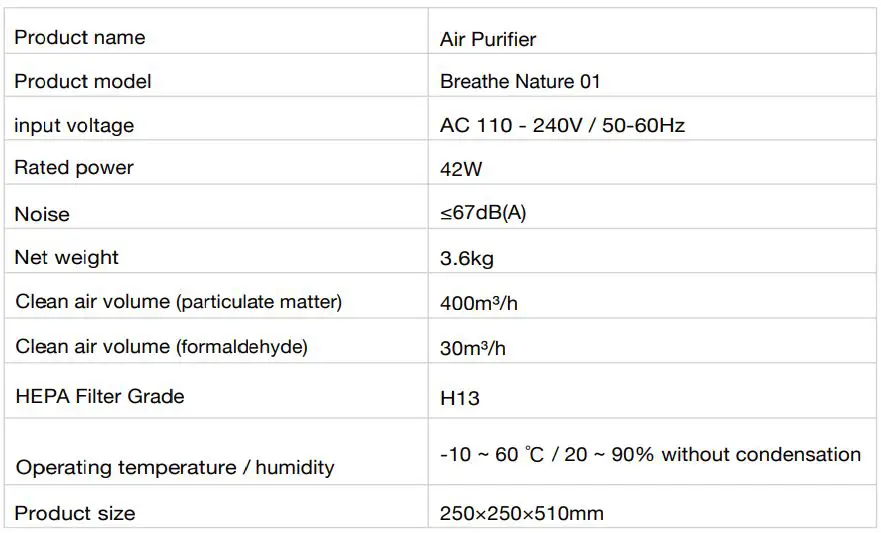 FIWOTTTDA Breathe Nature 01 Air Purifier Air Purifier User Manual - Technical Specifications