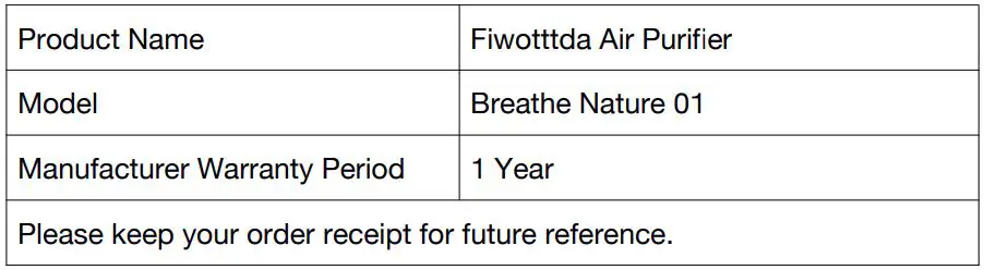 FIWOTTTDA Breathe Nature 01 Air Purifier Air Purifier User Manual - Warranty
