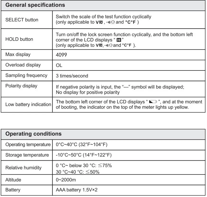 UNI-T Residential Multimeter User Manual - General specifications, Operating conditions