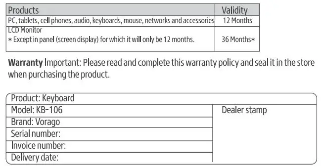Vorago KB-106 USB Numeric Keypad User Guide - Limited Product Warranty