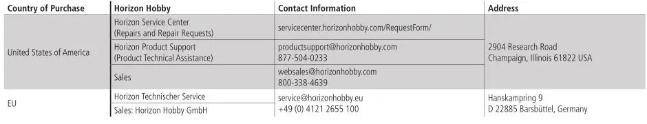 HORIZON HOBBY Kraton Extreme Bash - Warranty and Service Contact Information