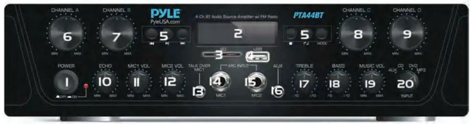 PYLE 4 Channel Audio Amplifier Built-in FRONTBT