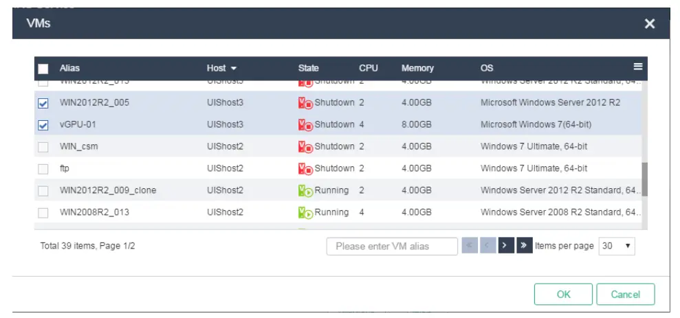 Selecting service VMs