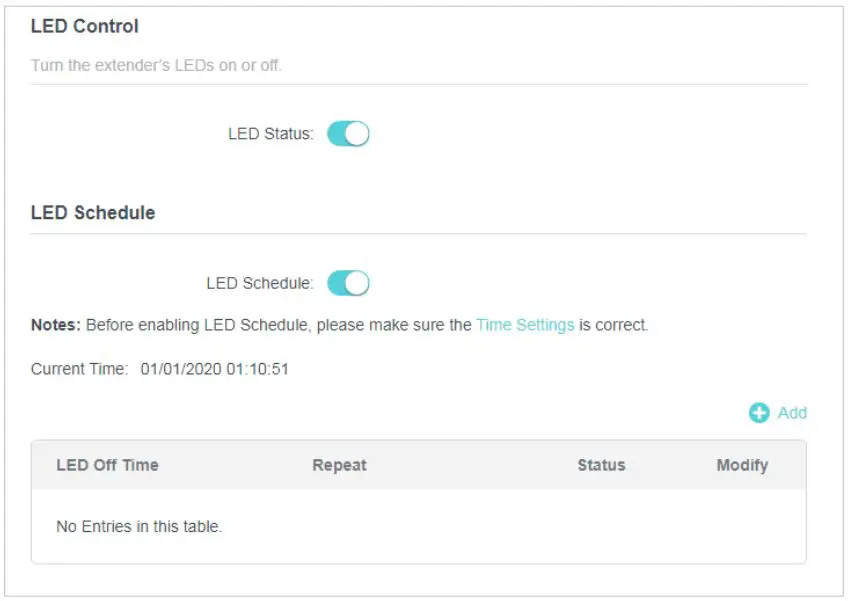 tp-link TL-WPA7517 AV1000 Gigabit Powerline ac Wi-Fi Extender User Guide - Enable LED Status to turn on the extender’s LEDs