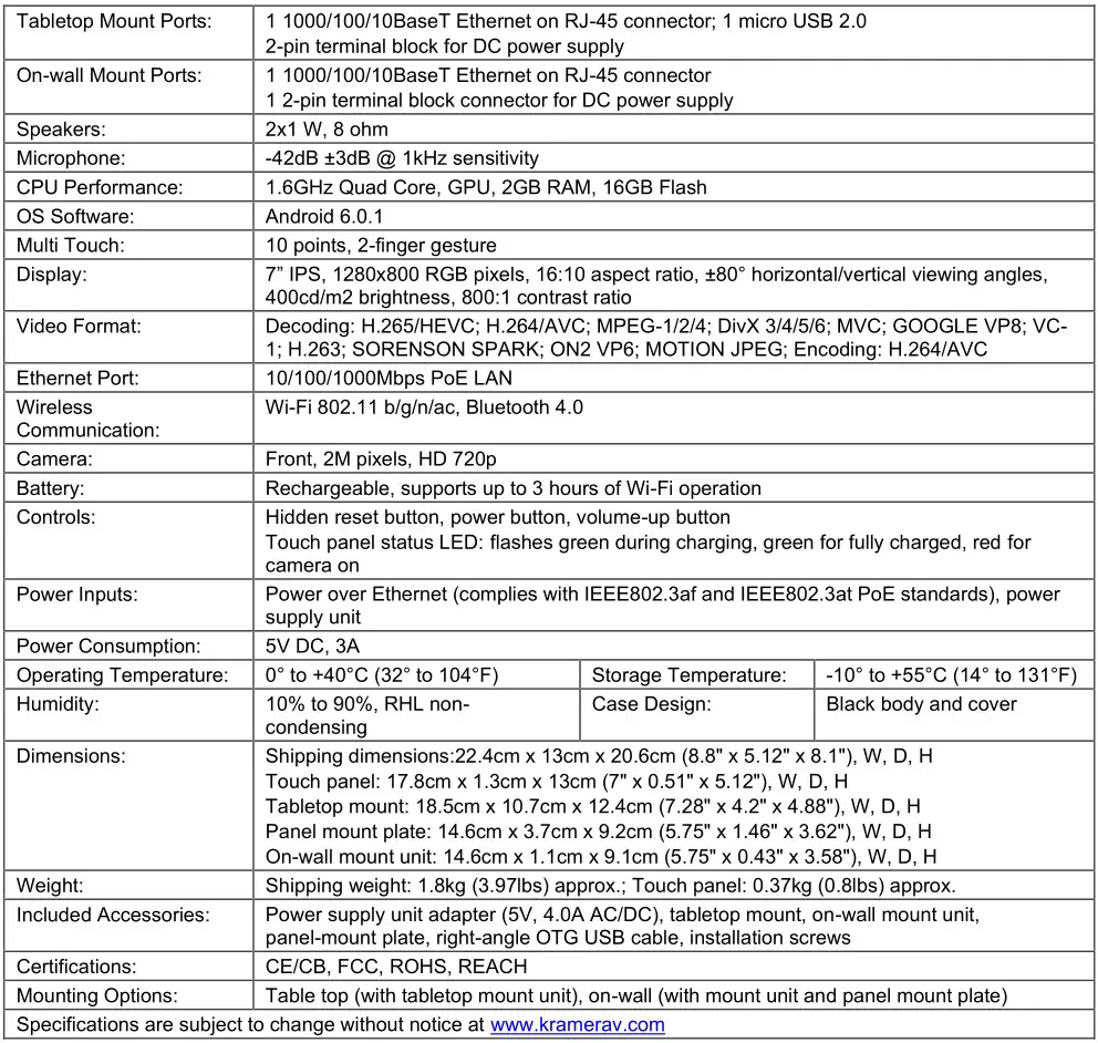 KRAMER KT-107 Wall Table Mount Touch Panel - Technical Specifications