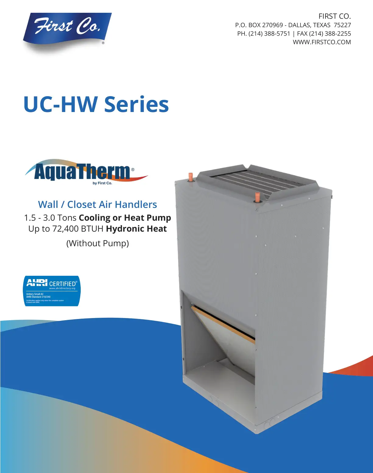 First Co UC-HW Series Wall Closet Air Handlers User Manual