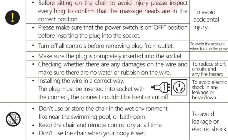 KAHUNA CHAIR HM5000 Massage Chair User Manual - Safety Instruction