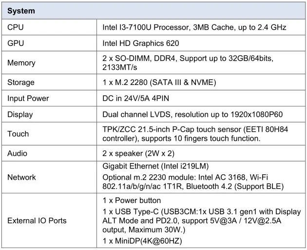 MicroTouch IC-215P-AW3 Touch Computer - Specifications 1