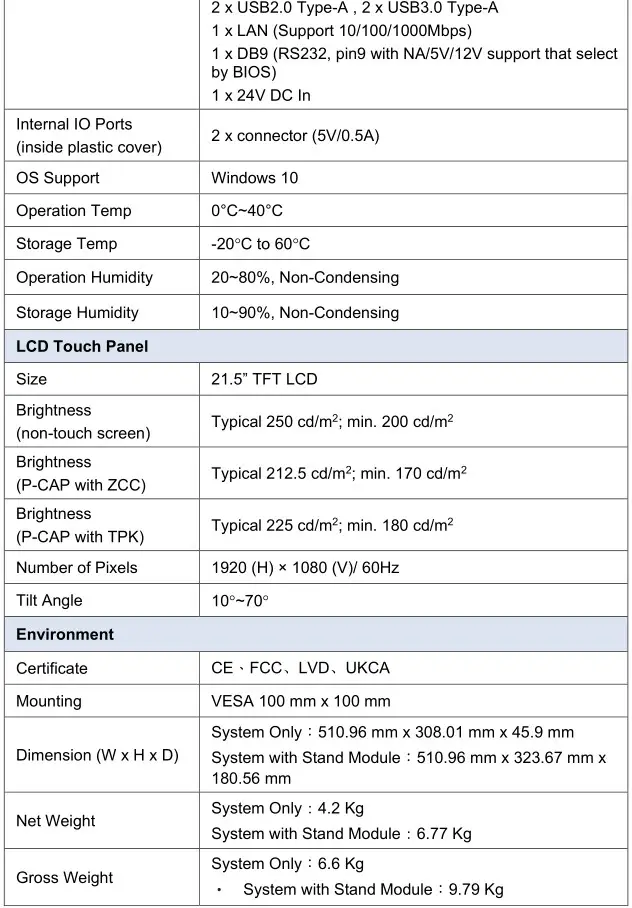 MicroTouch IC-215P-AW3 Touch Computer - Specifications 2
