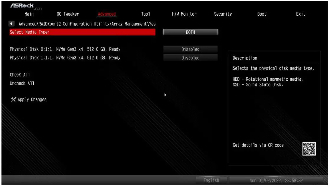ASRock X670E Taichi Motherboard - Change “Select Media Type” to “SSD” or leave at “BOTH”.