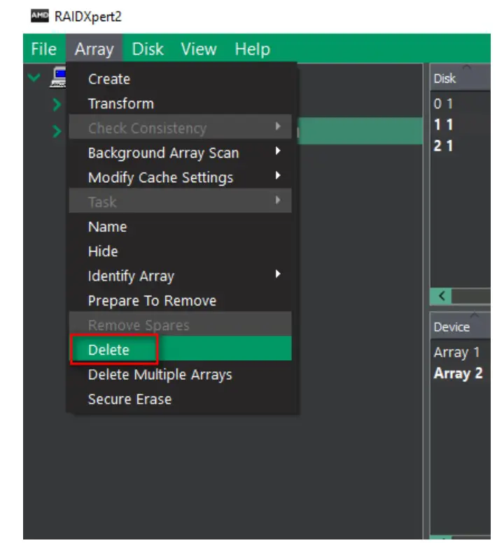 ASRock X670E Taichi Motherboard - Find “Array” in the menu and click on “Delete”.